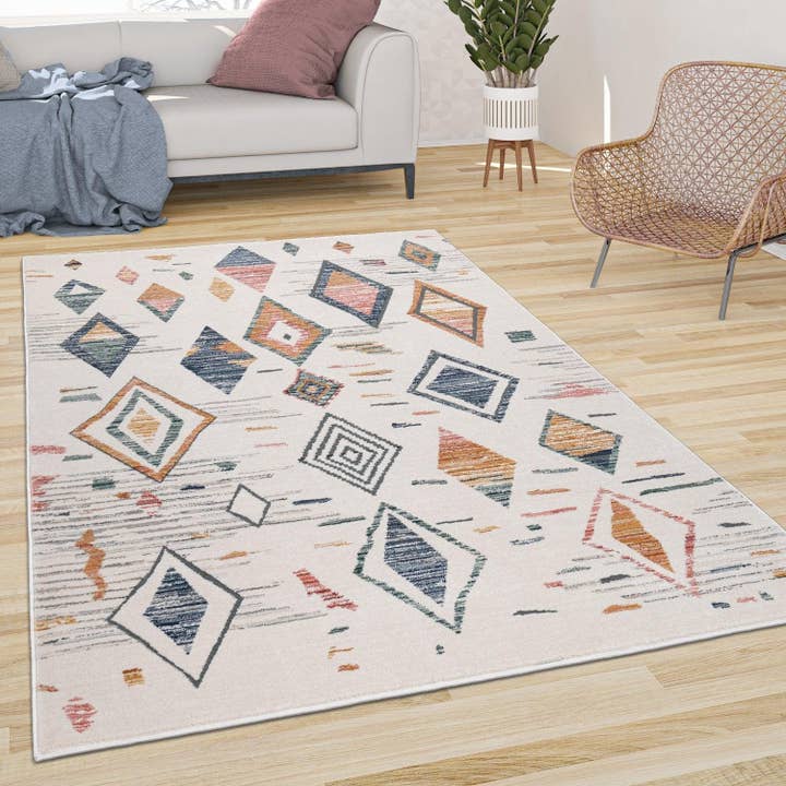 Area Rug Cream Low-Pile Boho Style Colorful Diamond Pattern for wholesale by Paco Home