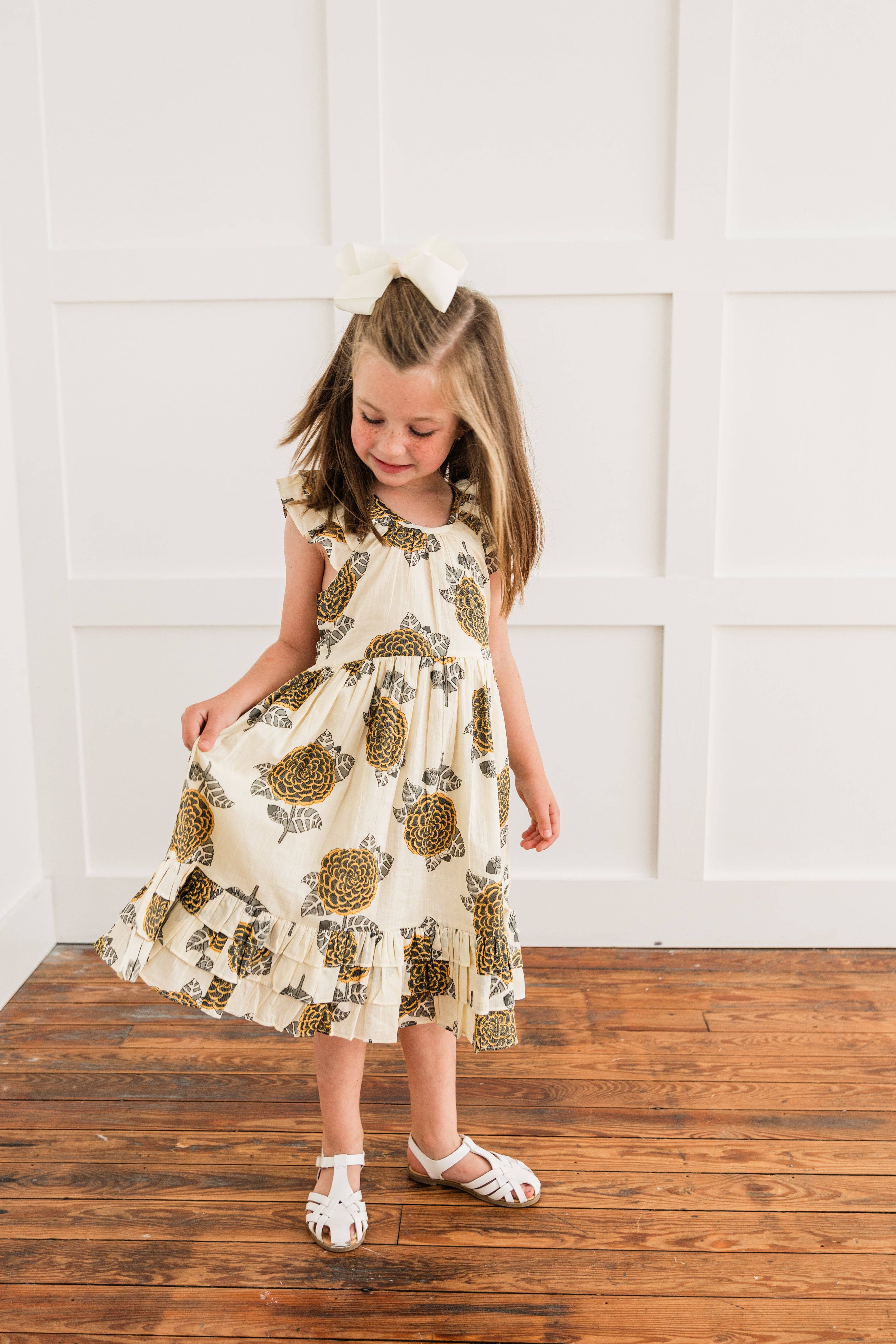 Yo Baby – wholesale Dress – Kids – Mustard & Grey Floral Print Sleeve & Bottom Ruffled Gathered Dress5