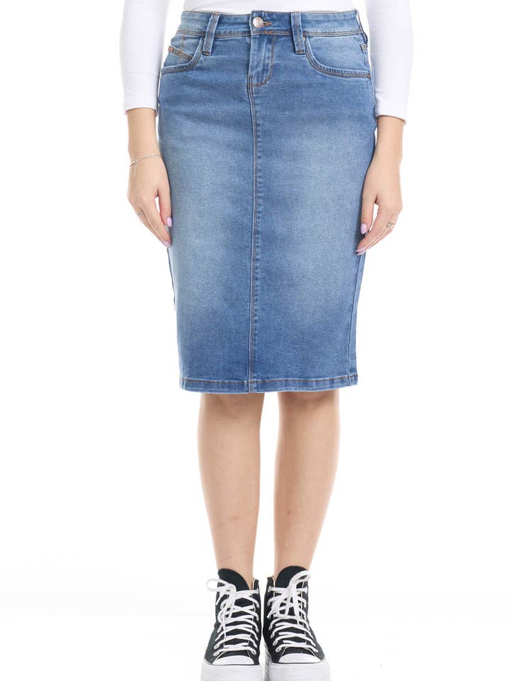 Stretchy Sustainable Jean Pencil Skirt 'Melrose' EX802167 for wholesale by Esteez LLC