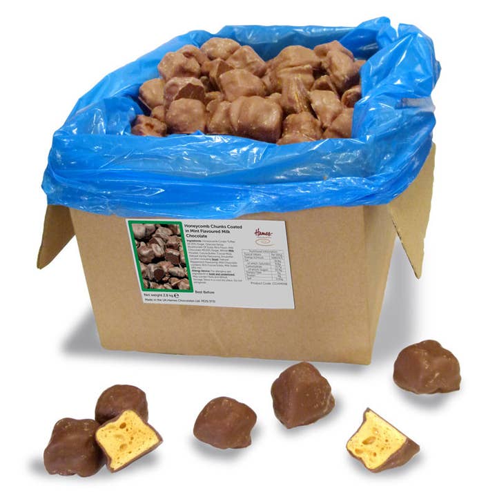 UK ONLYBulk Peppermint Flavoured Milk Choc Covered Honeycomb for wholesale by Hames Chocolates