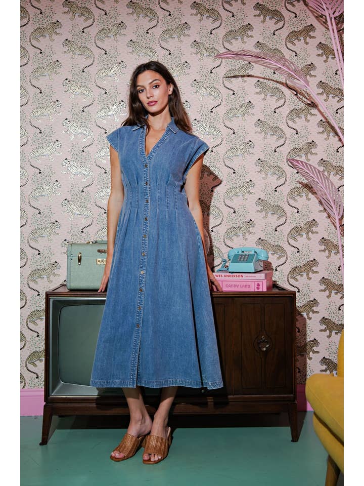 Vintage indigo Denim Maxi A-Line Shirt Dress for wholesale on Faire2