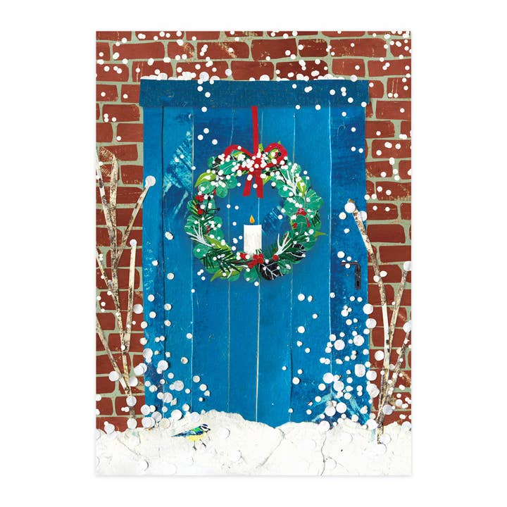 Vouwkaart "Kerstkrans aan de blauwe deur" voor wholesale door paruspaper. nutzfeine papeterie