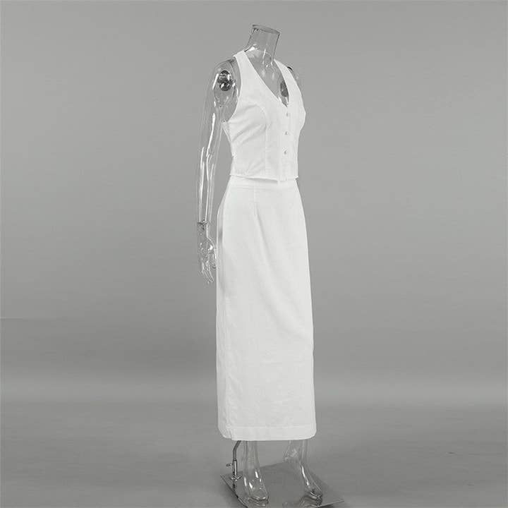 WHITE Cotton Linen Sleeveless Top and Long Skirt Ensemble for wholesale on Faire8