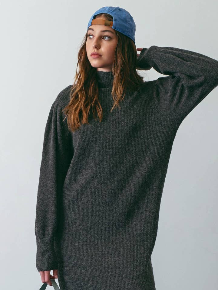 Blu Pepper - Wholesale Dress - Women's - MOCK NECK LONG PUFF SLEEVE KNIT SWEATER DRESS