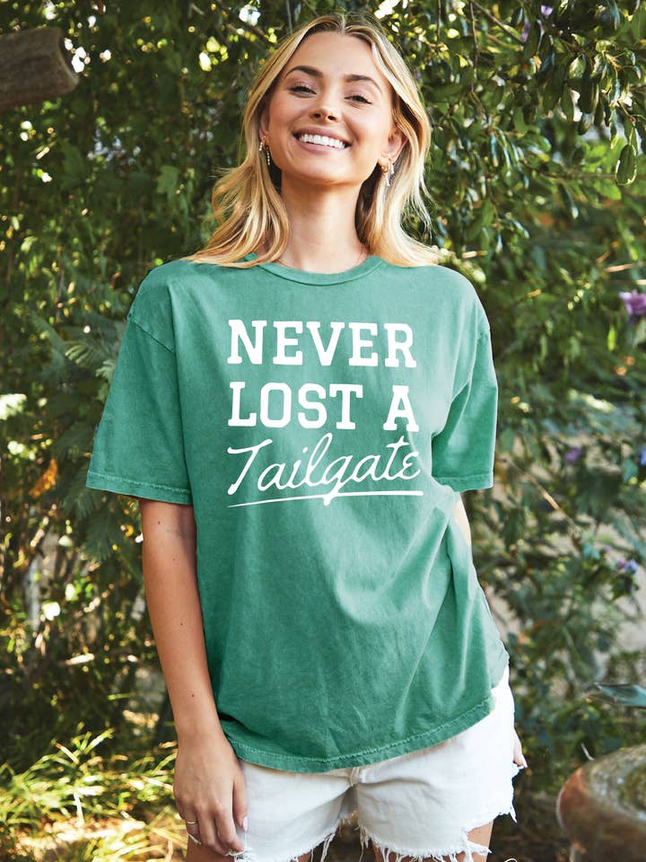 NEVER LOST A TAILGATE Oversized Graphic Top for wholesale by OAT COLLECTIVE