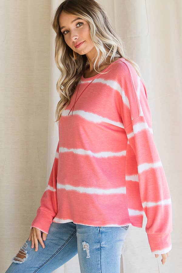 7th Ray – Engroshandel Strikket top - Dame – Stribet Tie Dye V-søm Drop Shoulder Langærmet Top T356526