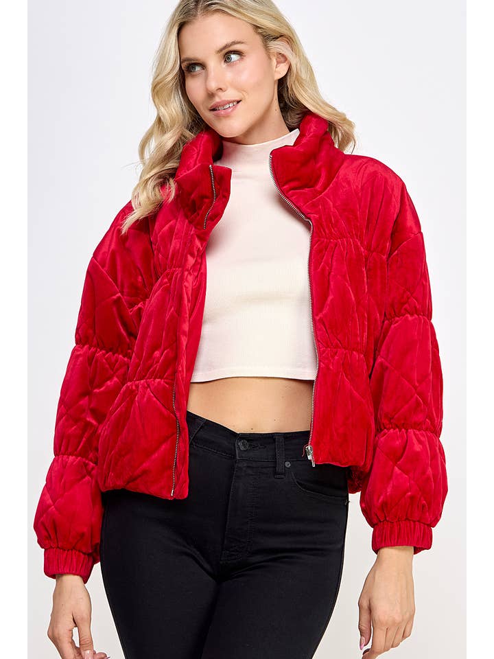 Sweet Lemon - Wholesale Puffer Jacket - Women's - VELVET TEXTURED QUILTED PUFFER JACKET