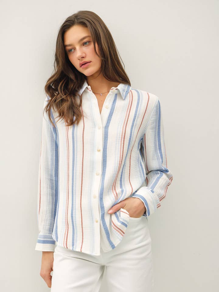 Be Cool - Wholesale Button Down Shirt - Women's - STRIPED GAUZY BUTTON UP TOP W/ ROLL UP SLEEVES