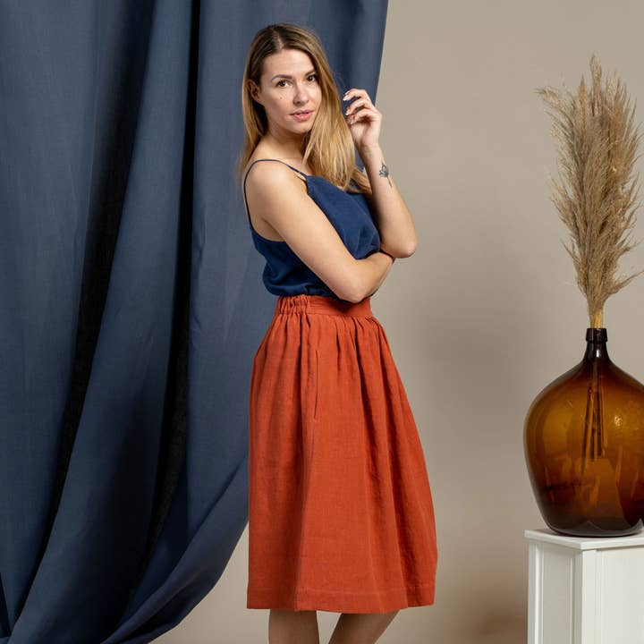 menique - Wholesale Skirt - Women's - Linen Midi Skirt Sophia - Casual Linen Skirt with Pockets