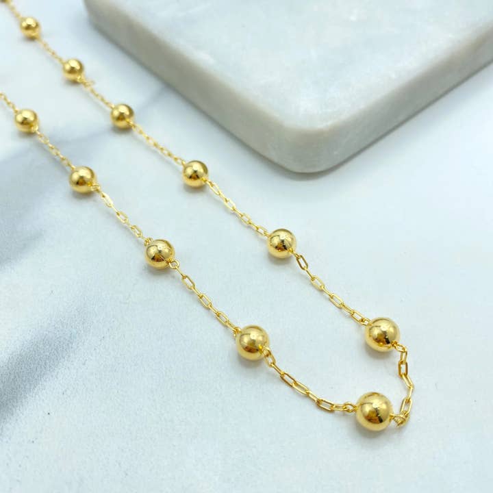 18k Gold Filled Beaded Necklace and Bracelet Set, Polished Round Beads, Minimalist Dainty Jewelry, Satellite Chain Set for wholesale by Luxus Accessories