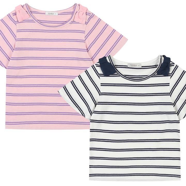 Emma Striped Wide Angel Sleeve Ribbon Detail T-Shirt for wholesale by ToTo Heros