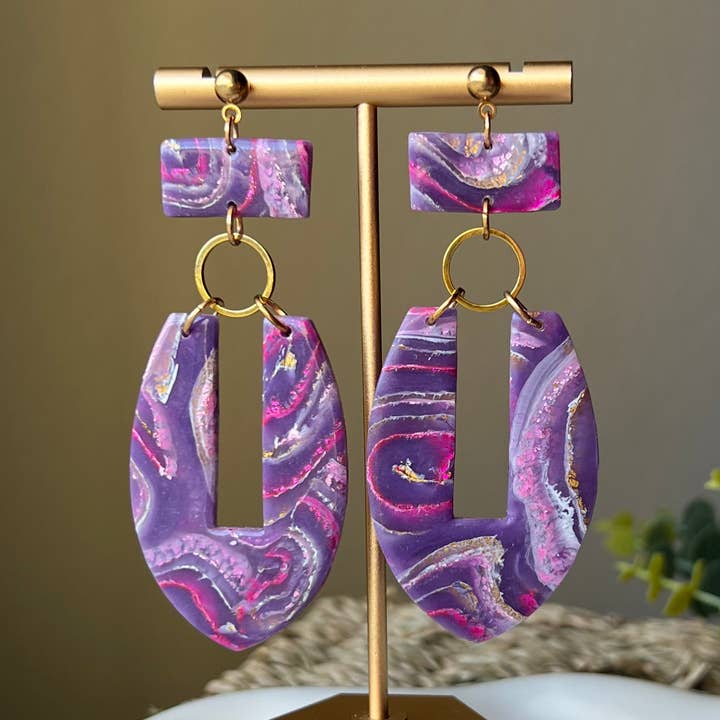 Dream In Purple: Agate Marbled Polymer Clay Statement Earrings for wholesale by Adriana Maria Designs