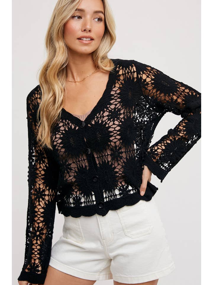 Bluivy - Wholesale Cardigan - Women's - SHEER CROCHET BUTTON DOWN CARDIGAN