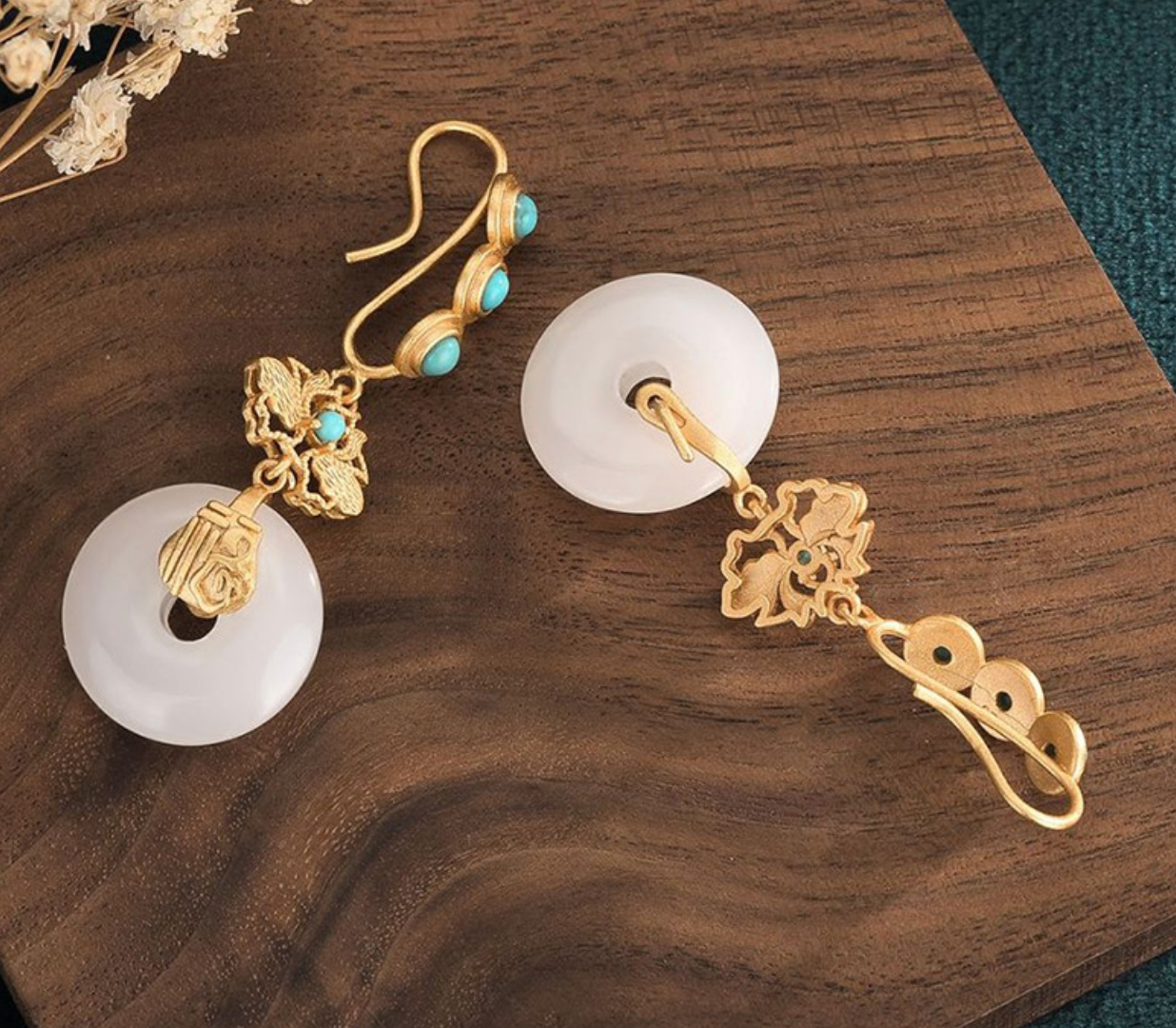 Bright MacMing - Wholesale Dangle Earrings - Golden Lotus Over White Jade Earrings4