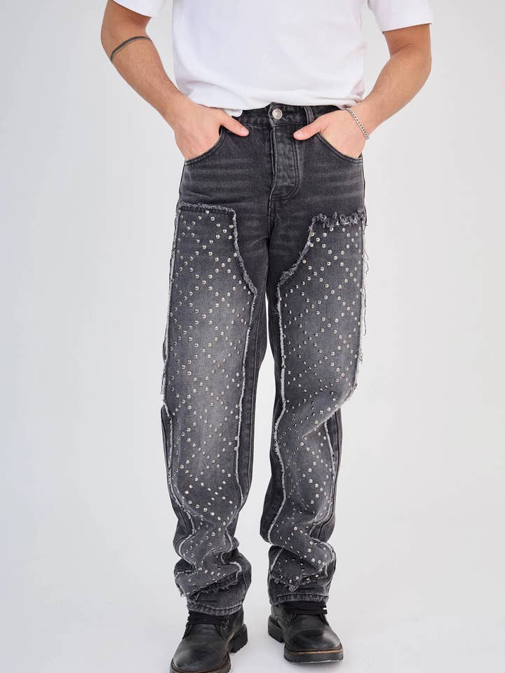 TOP MONDAY - Wholesale Jeans - Men's - Jean Straight Studded Black Gray Medium Wash5