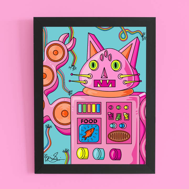 Robot Cat Digitalt Konsttryck, Rolig, Rosa för wholesale av Brianna Gardocki Art