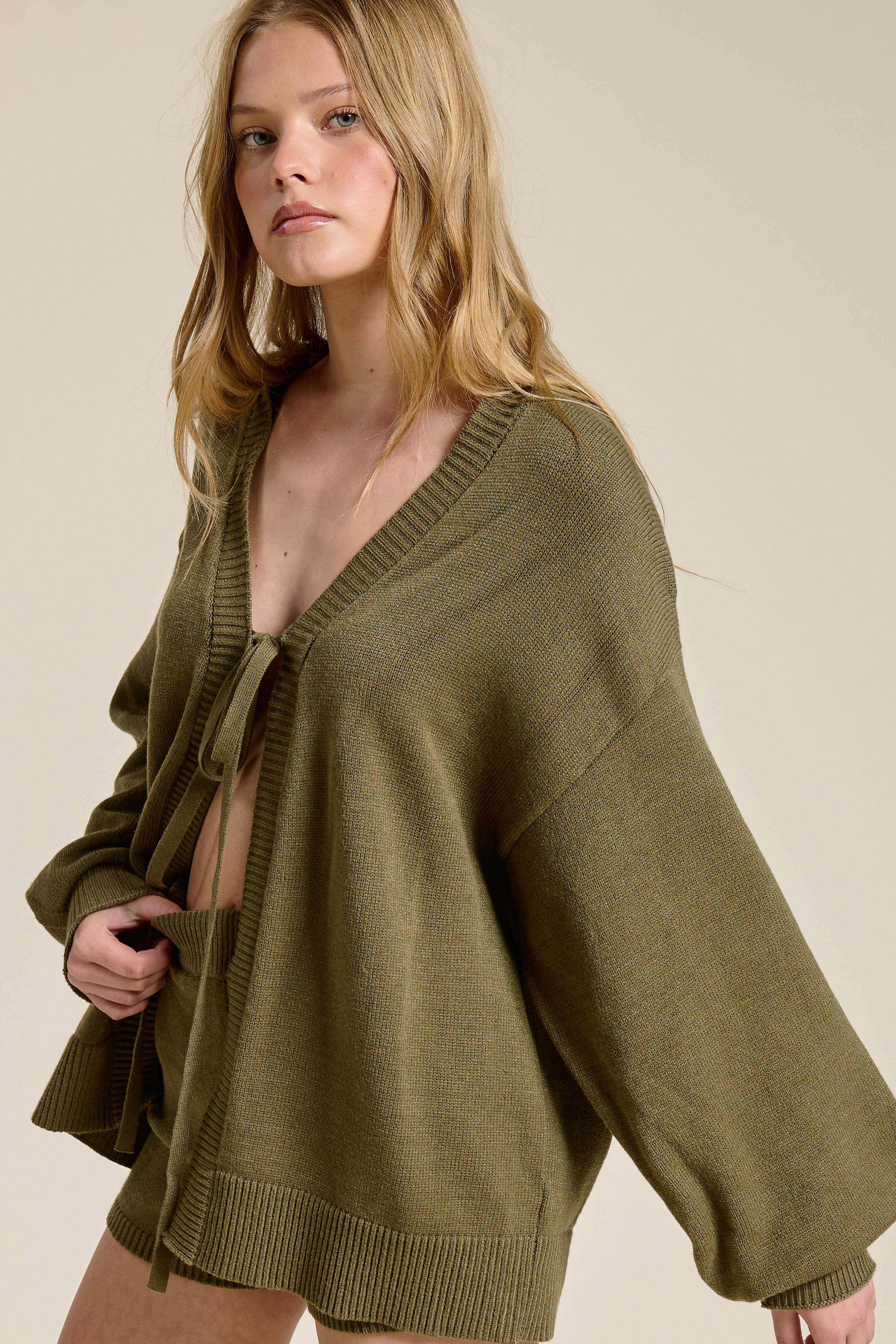 Mimosa - Wholesale Lounge Set - Women's - Self Tie Knit Cardigan and Shorts Lounge Set11