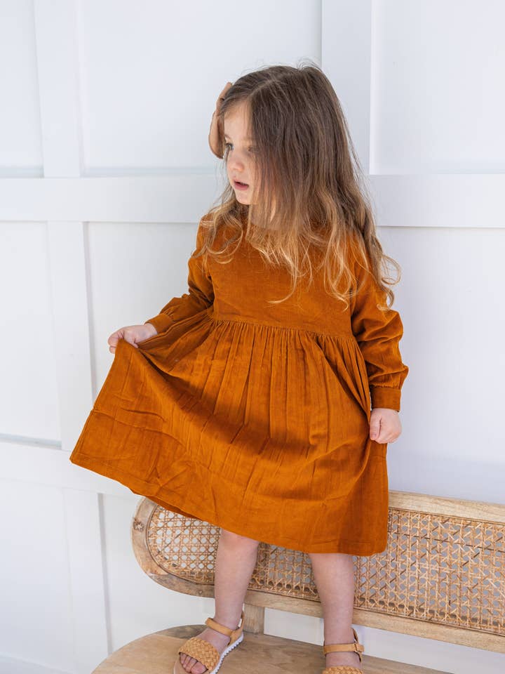 Yo Baby - Wholesale Dress - Kids - Rust Corduroy Solid Color Long Sleeves Gathered Dress2