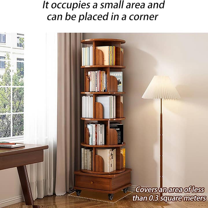 39F Inc. - Wholesale Bookcase - Rotating Wooden Bookcase with Storage Drawer,Swivel Design