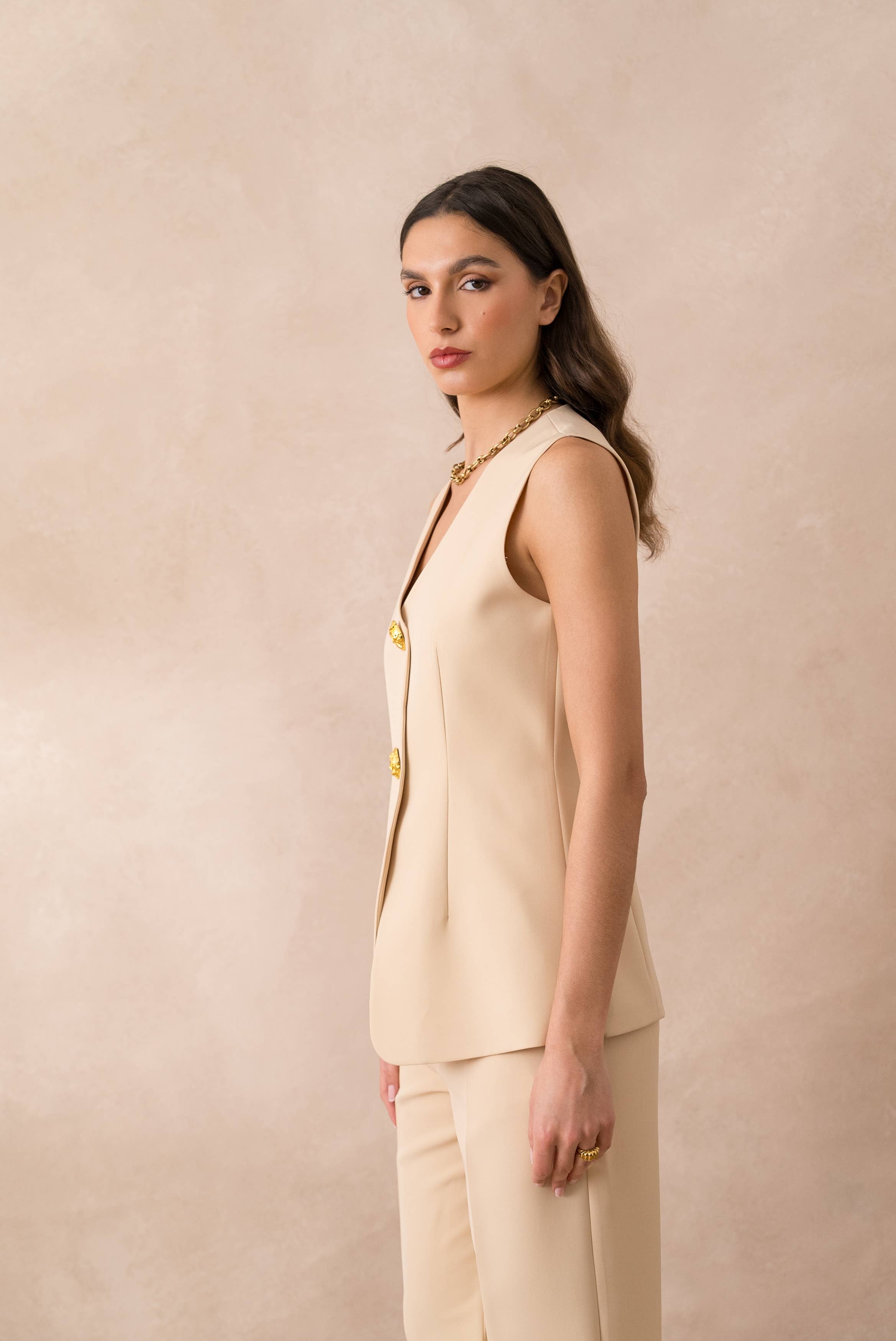 Attentif Paris - Wholesale Suit Vest - Women's - [Timeless] Long sleeveless vest with textured gold buttons48