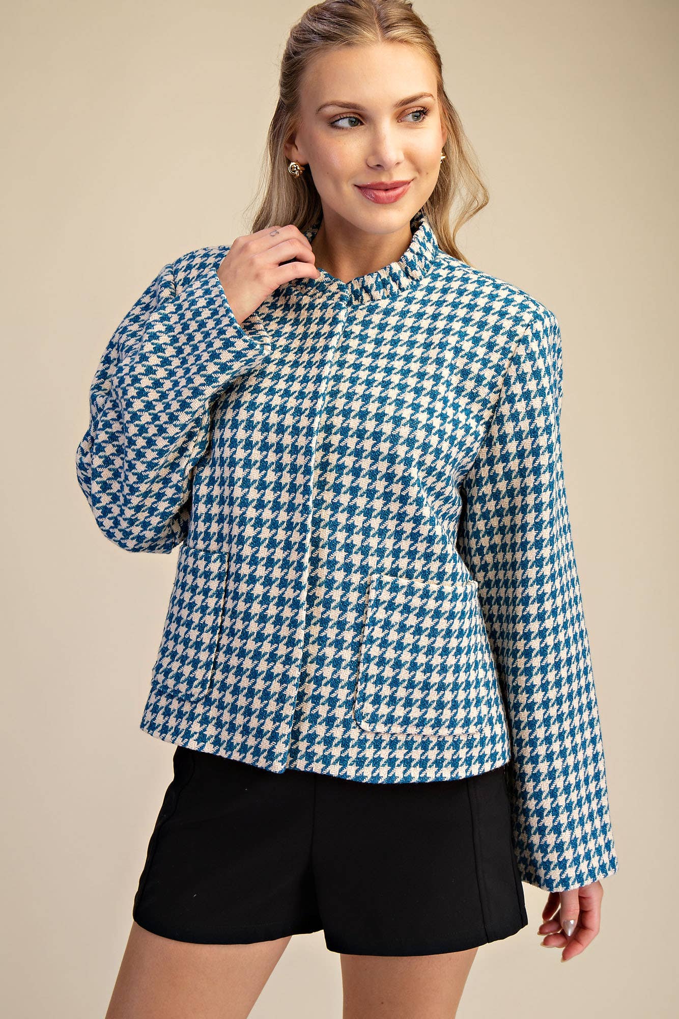 Glam - Wholesale Jacket - Women's - Ruffle Neck Pocket Long Sleeve Jacket0