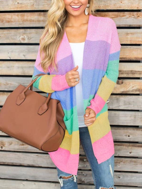 Rainbow Color Contrasting Knitted Cardigan for wholesale by HIDDENBRAND