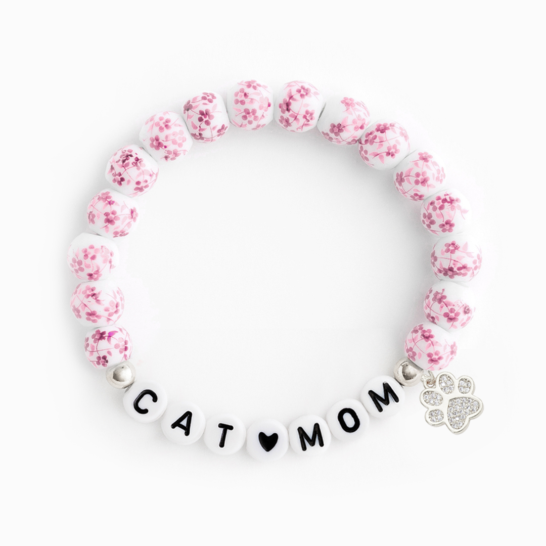 Names For Good - Wholesale Beaded Bracelet - Pink Porcelain Floral Beaded Stretch Bracelet (DOG MOM)5