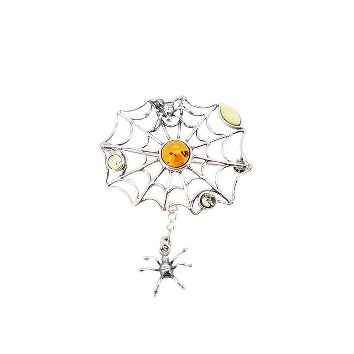 Amberman - Wholesale Brooch - Multi-Color Amber Sterling Silver Spider On Web Pin/Brooch