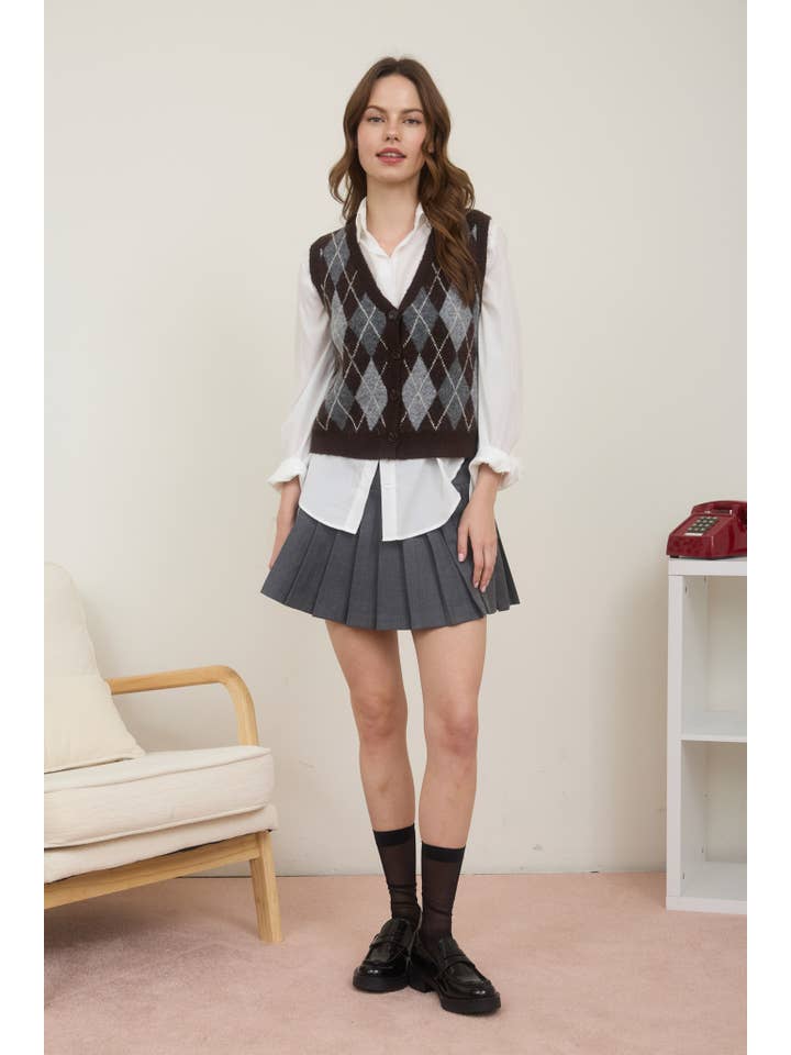 The Workshop Studio - Vente Veste sans manches – femme - GILET EN MAILLE À BOUTONS AVEC MOTIF ARGYLE3