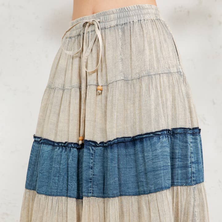 Latte Boho Patchwork Long Skirt with Denim& Lace Inserts for wholesale on Faire