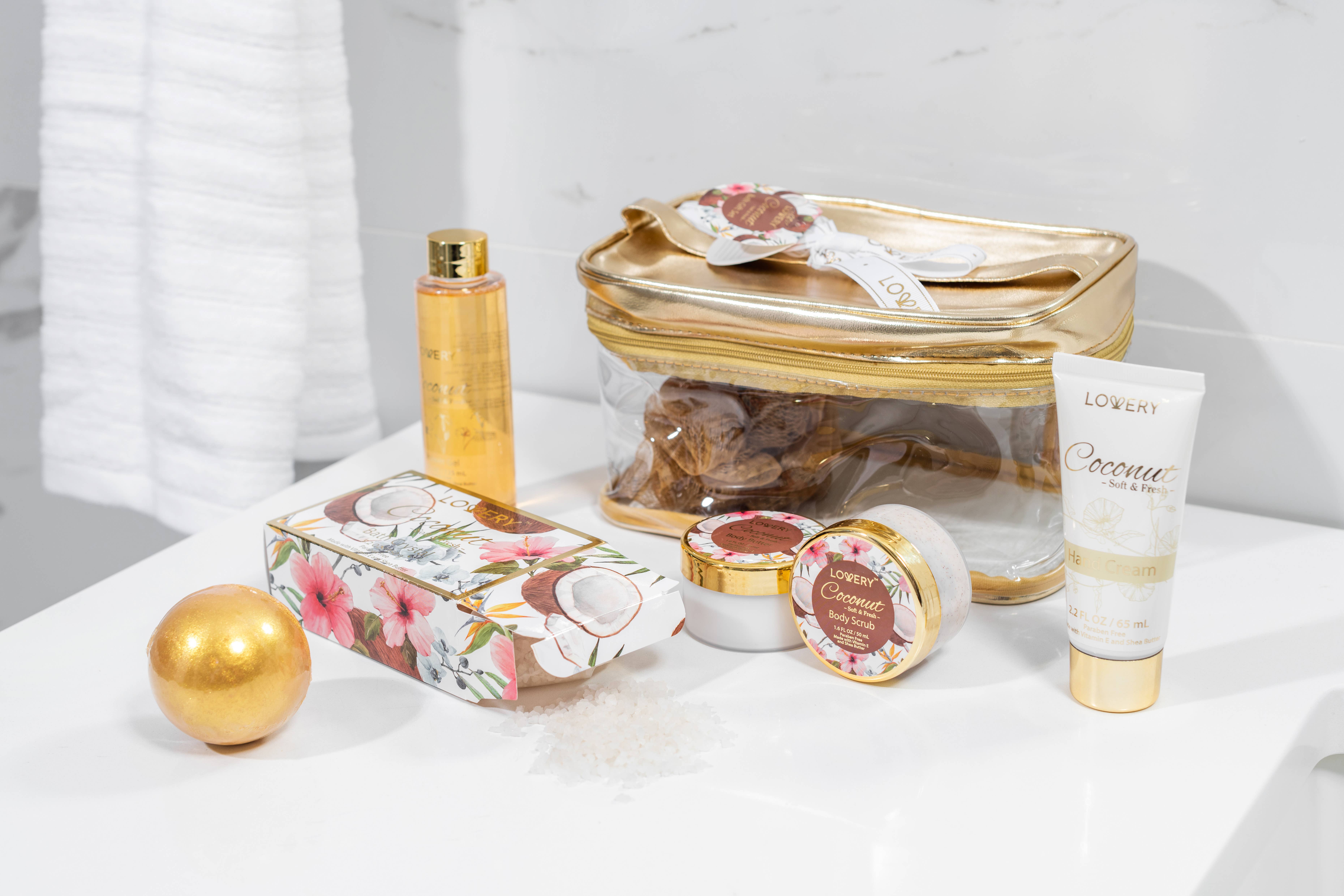 Lovery - Vente Set de bain et corps - Coffret cadeau pour le bain et le corps, ensemble spa bain à la noix de coco dans un sac6