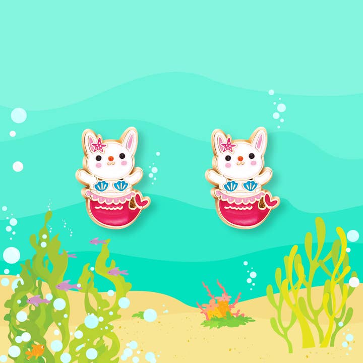 Girl Nation - Wholesale Earrings - Kids - Bunny Mermaid | Cutie Stud Earrings for Girls