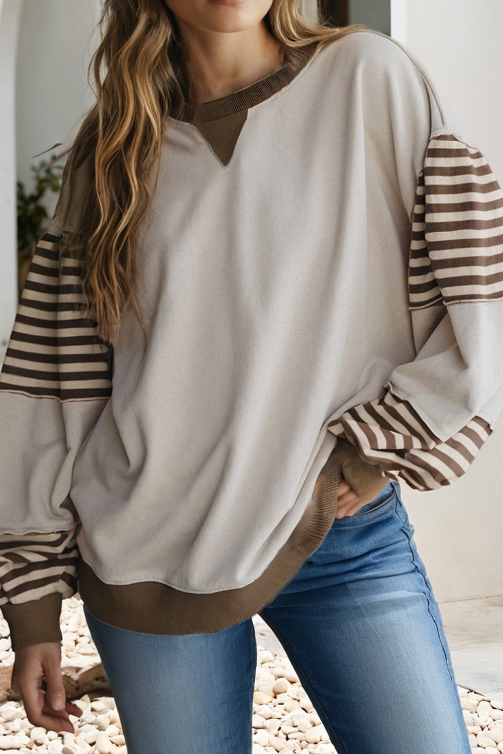 Little Daisy Closet - Wholesale Blouse - Women's -  LDC Striped Colorblock Patchwork Drop Shoulder Sweatshirt2