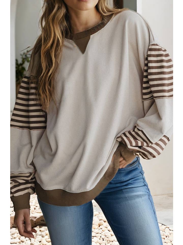 Little Daisy Closet - Wholesale Blouse - Women's - LDC Striped Colorblock Patchwork Drop Shoulder Sweatshirt2