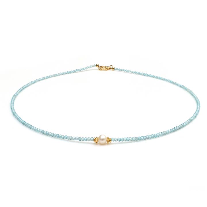 Blue Zircon With Pearl Gold Stacking Beaded Necklace 17.5" for wholesale by Fine Facets