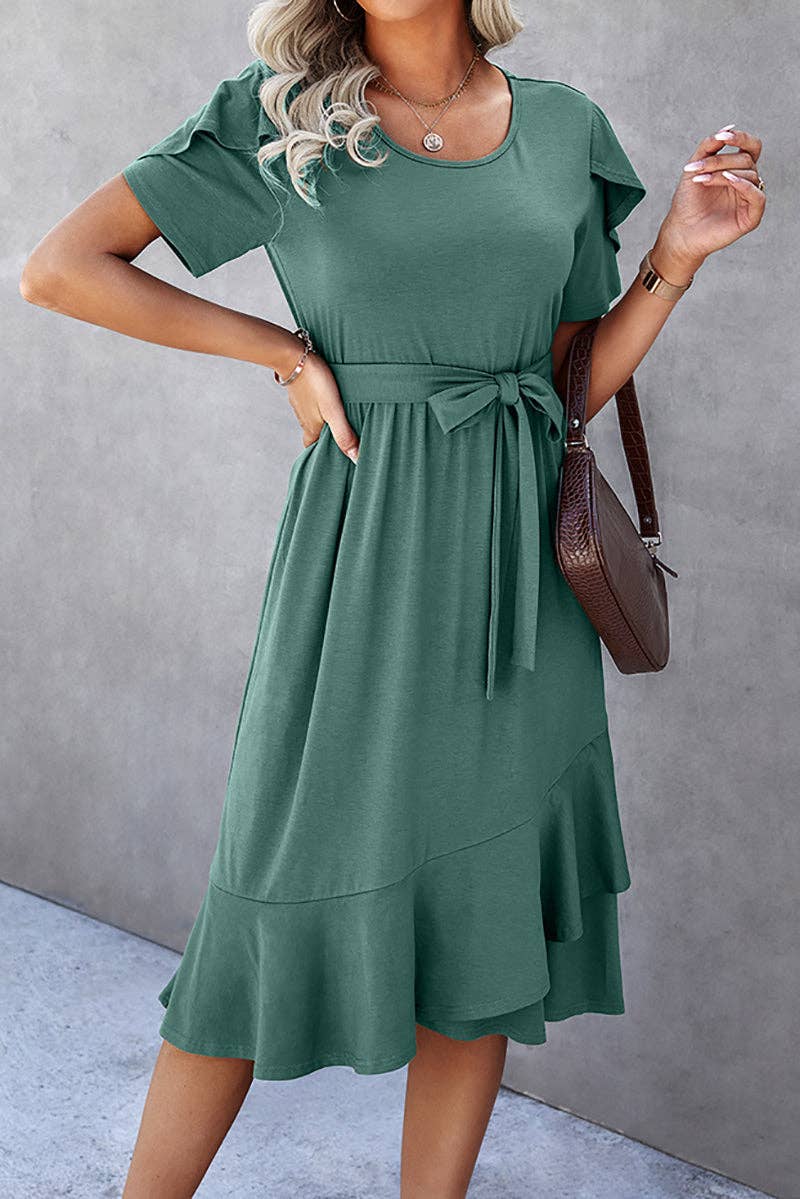 Supreme Fashion - Wholesale Dress - Women's - Petal Sleeve Ruffle Trim Belted Midi Dress3