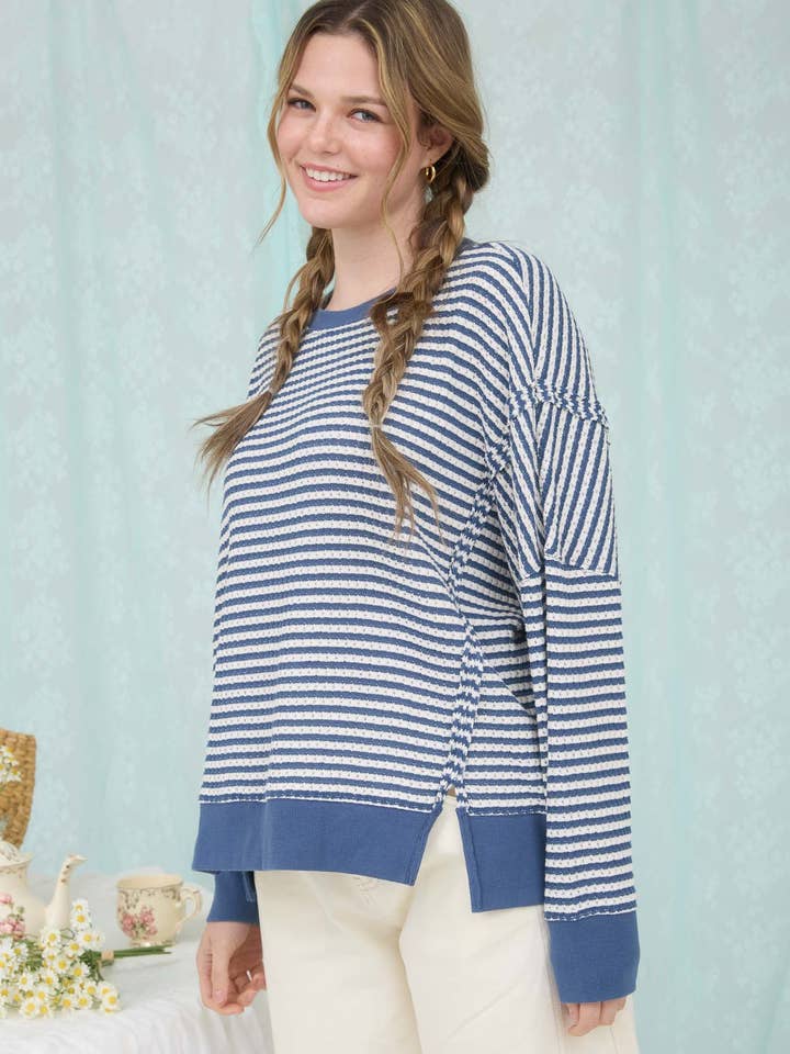 Blu Pepper - Wholesale Knit Top - Women's - STRIPE EXPOSED SEAM SPLIT HEM LONG SLEEVE KNIT TOP2