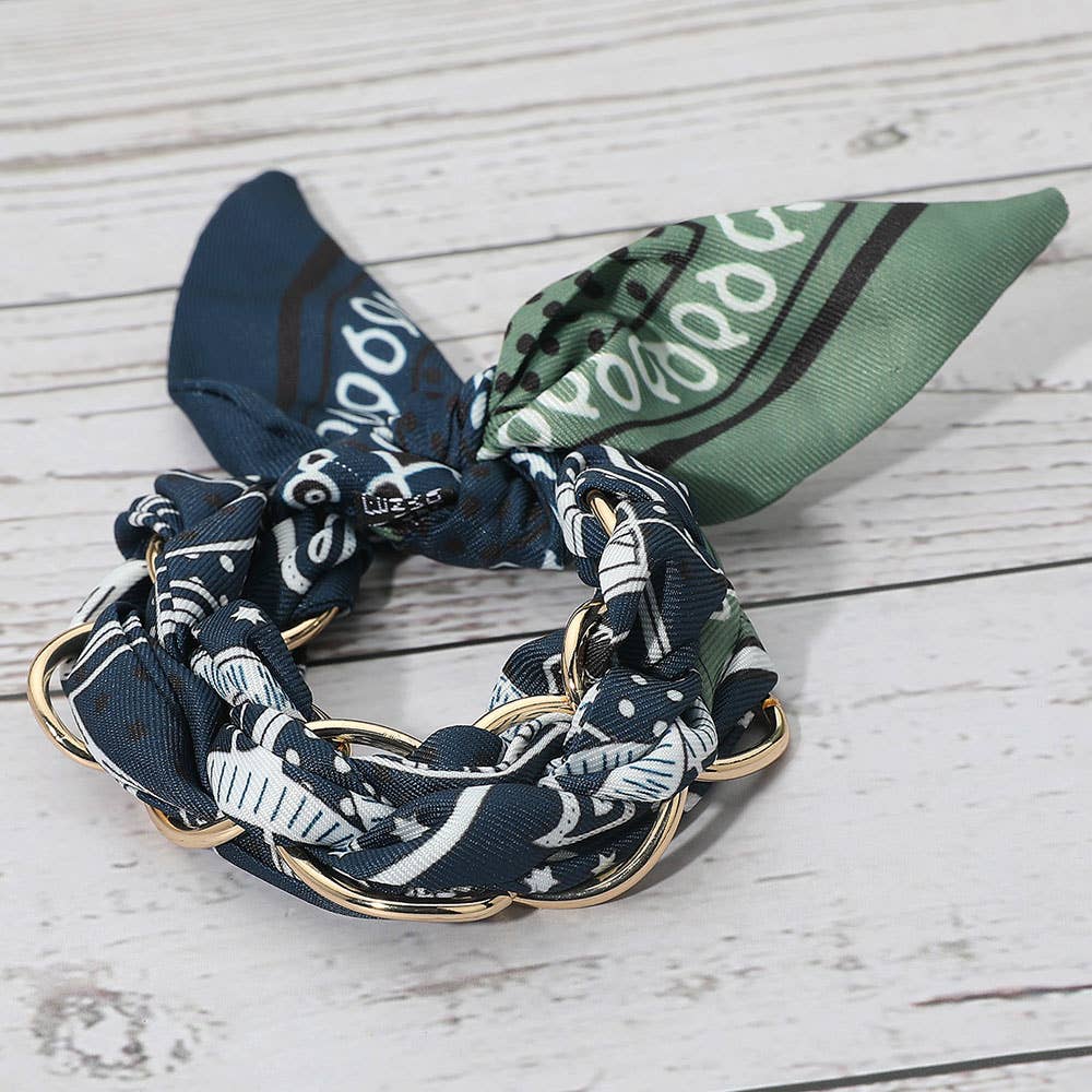 Sensibling Corp. - Wholesale Scarf - Women's - Metal Interlocking Ring Fabric Bandana Scarf Adjustable Bracelet3