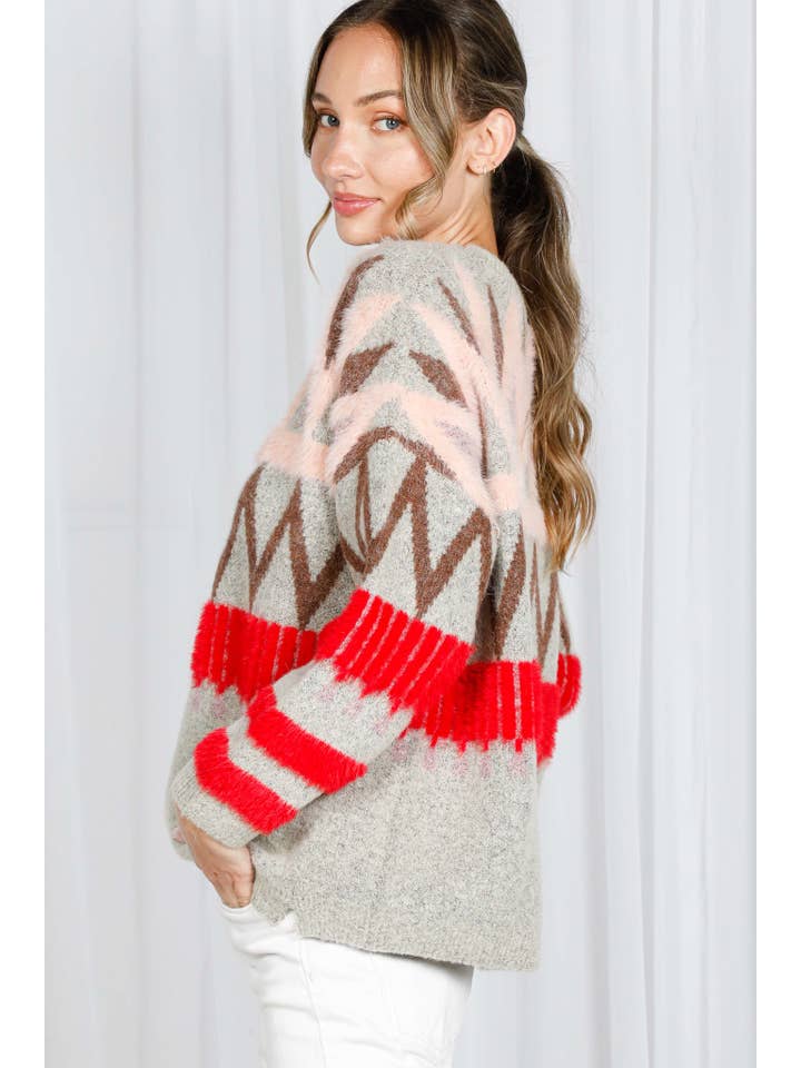 Multi Tribal Patterned Mohair Soft Feel Knitted Sweater VT30367 for wholesale on Faire
