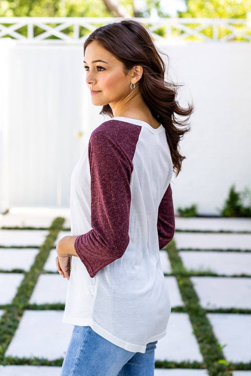 MRN White 3/4 Tee with Maroon Sleeves for wholesale on Faire3