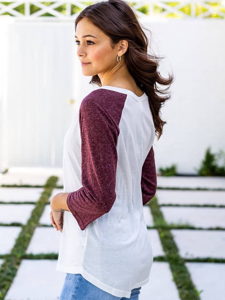 MRN White 3/4 Tee with Maroon Sleeves for wholesale on Faire3