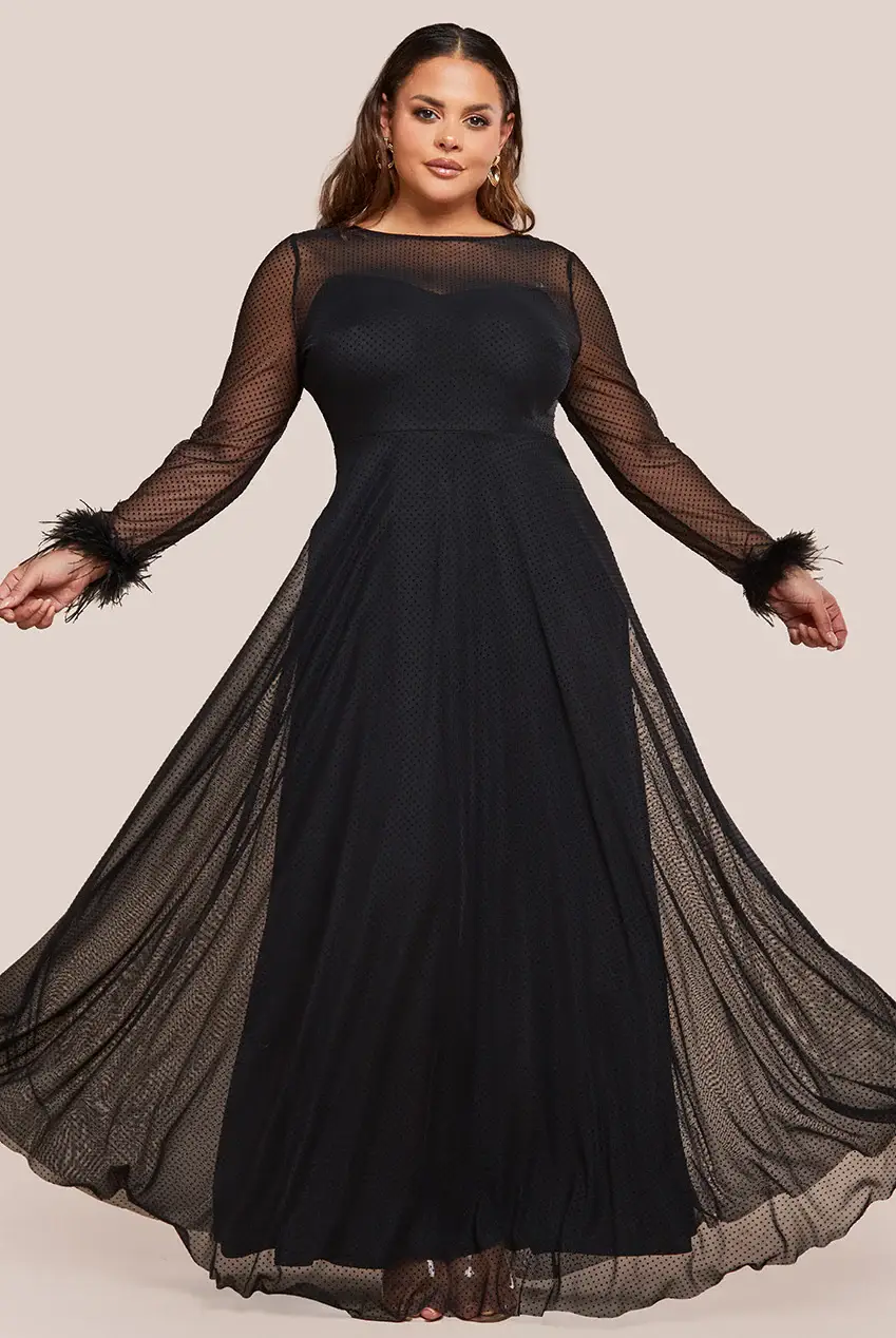 Black Goddiva Dobby Mesh Feather Sleeve Hem Maxi Dress DR4046PLUS for wholesale on Faire0
