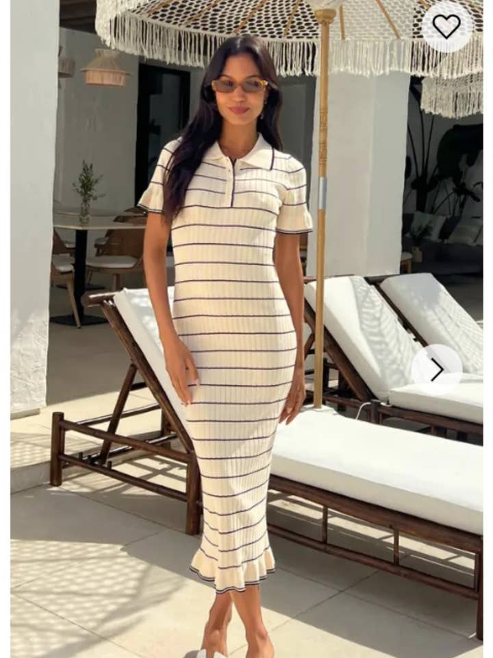 Strikket maxikjole med polokrave i korte ærmer beige for engroshandel hos CY FASHION. LONDON