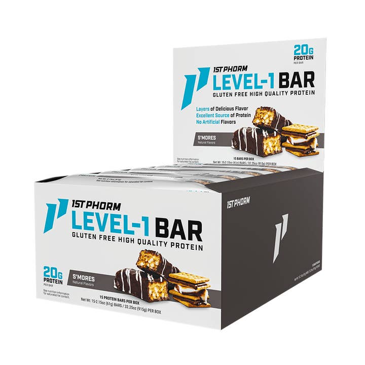 Level-1 Protein Bar, S'mores - 15 Bars/Carton, 6 Cartons (90 Bars) for wholesale by 1st Phorm