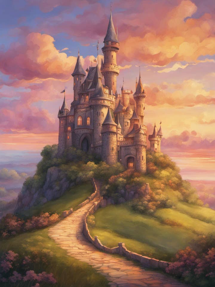 Peinture fantastique de château majestueux au coucher du soleil pour la vente par Keep Calm Collection