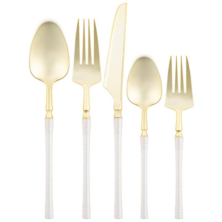 Ribbed Pearl and Gold Flatware Set 40 ct - Settings for 8 for wholesale by Posh Setting