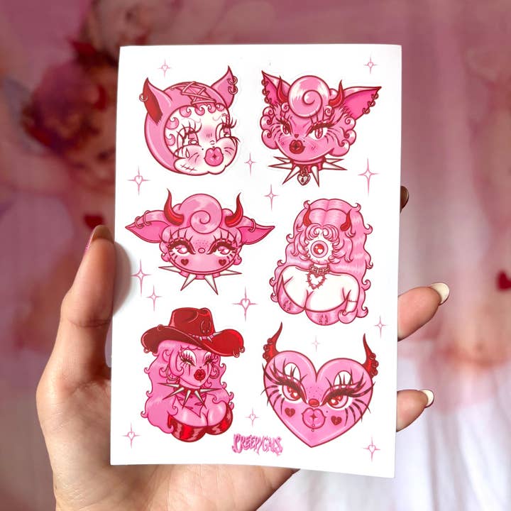 Pink Tattoo Flash Vinyl Sticker Sheet for wholesale by Creepy Gals