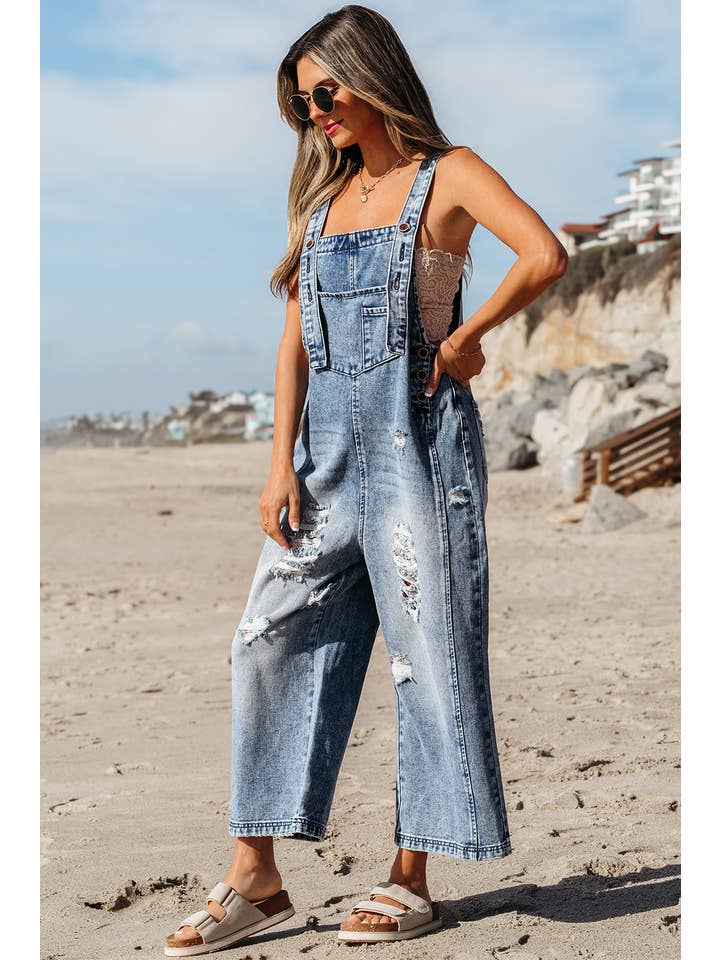 Little Daisy Closet - Wholesale Overalls - Women's - LDC Distressed Bib Pocket Wide Leg Denim Overall