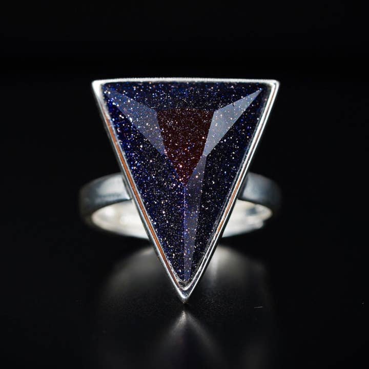 Black Feather Design – wholesale Cocktail/statement ring – Geometric Blue Goldstone Ring - 925 Silver - Adjustable1