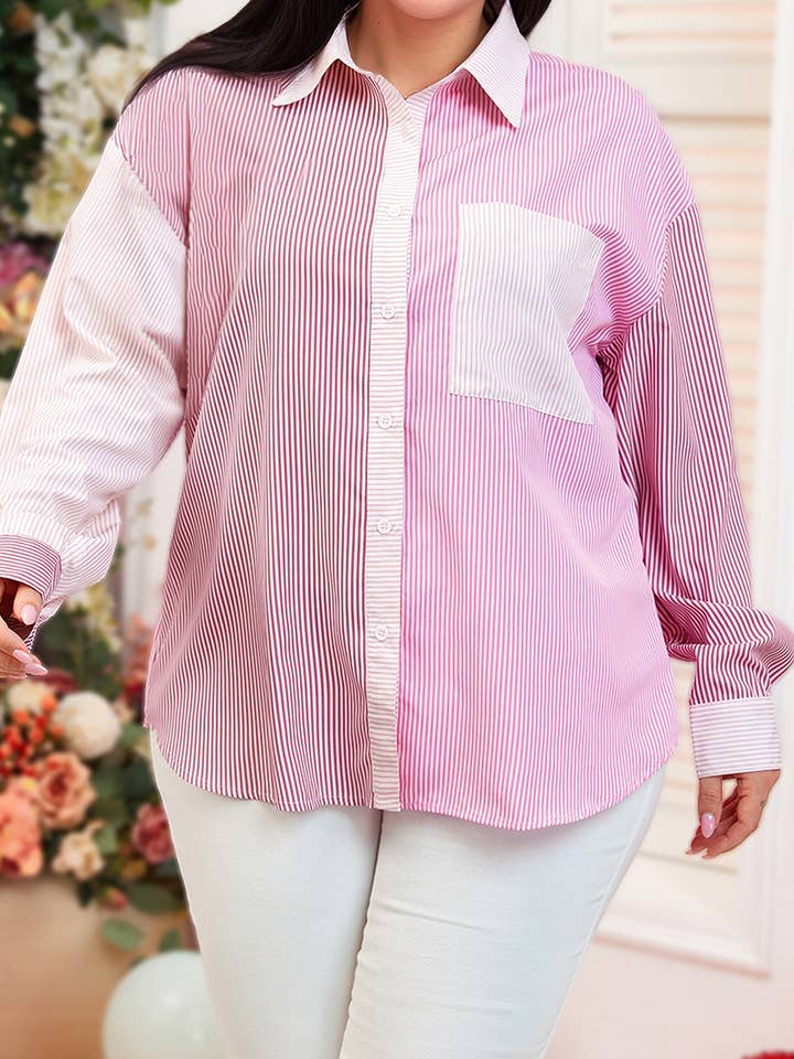 Plus Size Stripe Print Colorblock Long Sleeve Shirt for wholesale by 66DISCO